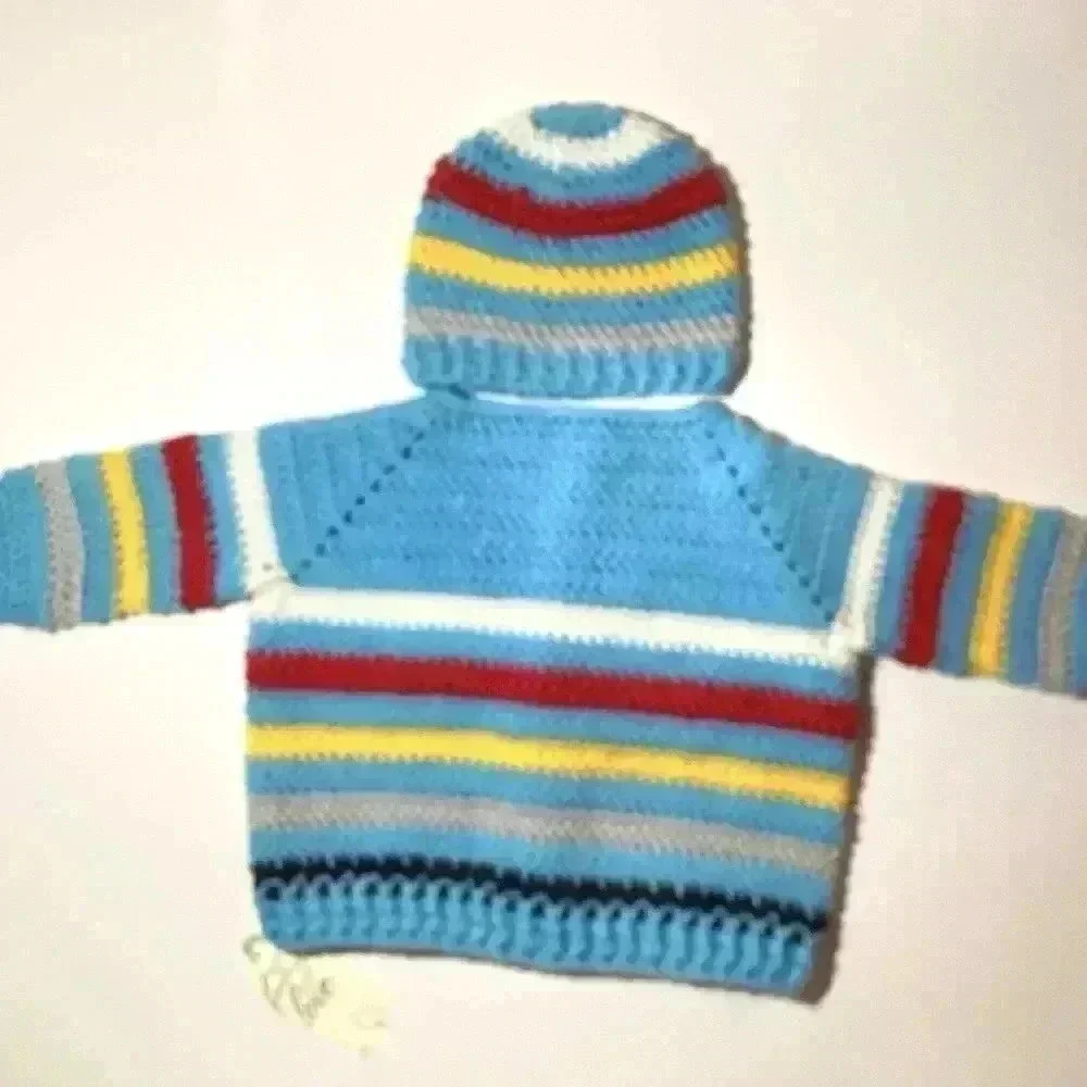 HANDMADE BLUE& red, white black stripes Baby sweater Cardigan  0-12months old